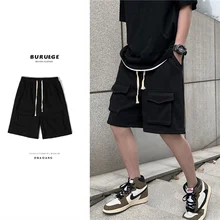 

Summer Grey/Black Shorts Men Fashion Casual Pocket Shorts Men Streetwear Loose Hip Hop Straight Drawstring Shorts Mens Joggers