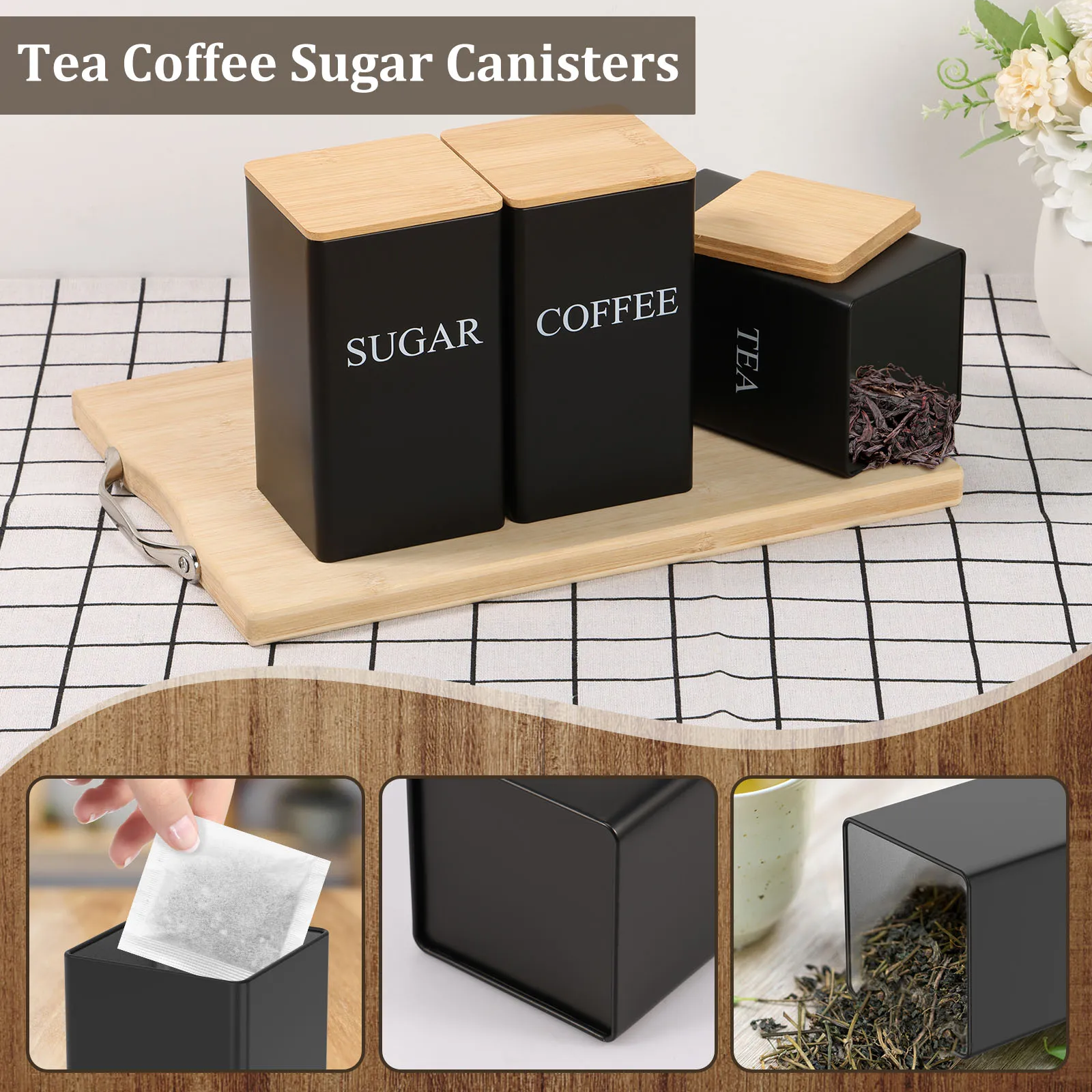 Coffee Storage Jars Set - 3Pcs Metal Containers with Bamboo Lids for Beans Sugar and Tea