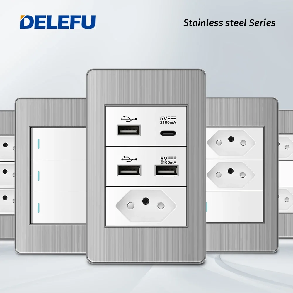 Delefu-tomada de Parede com Painel de Brasil Tomada Padrão Usb Duplo tipo c Interruptor de Luz Escritório Branco 10a 20a 4×2 Aço Inoxidável