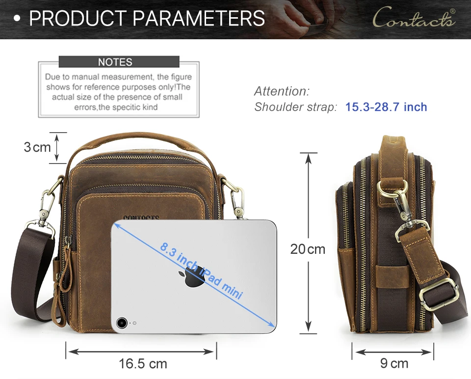 CONTACT'S Männer Kleine Umhängetasche Aus Echtem Leder Umhängetasche Messenger Taschen für 8,3'' iPad Mini Vintage Designer Handtasche Männlichen Tasche – Detail 3