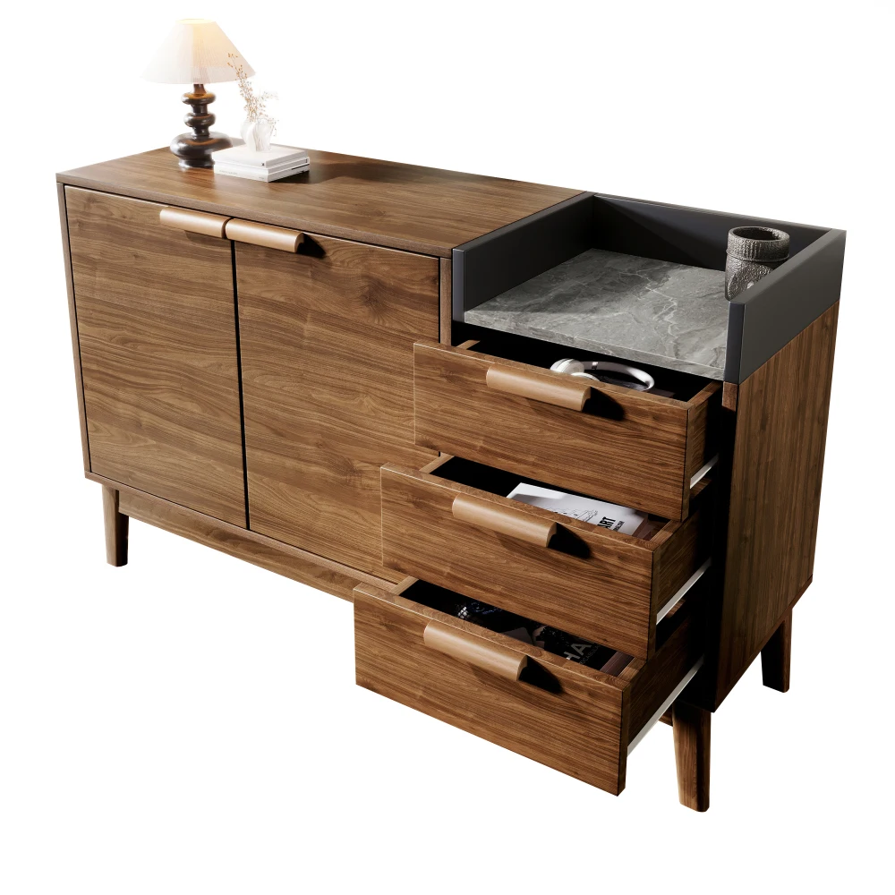 Wohnzimmerkommode mit Eichenholz-Dekor – mit Marmoroptikplatte, offenem Regal + 3 Schubladen und Doppeltürschrank, Beine aus massivem Holz – Detail 21