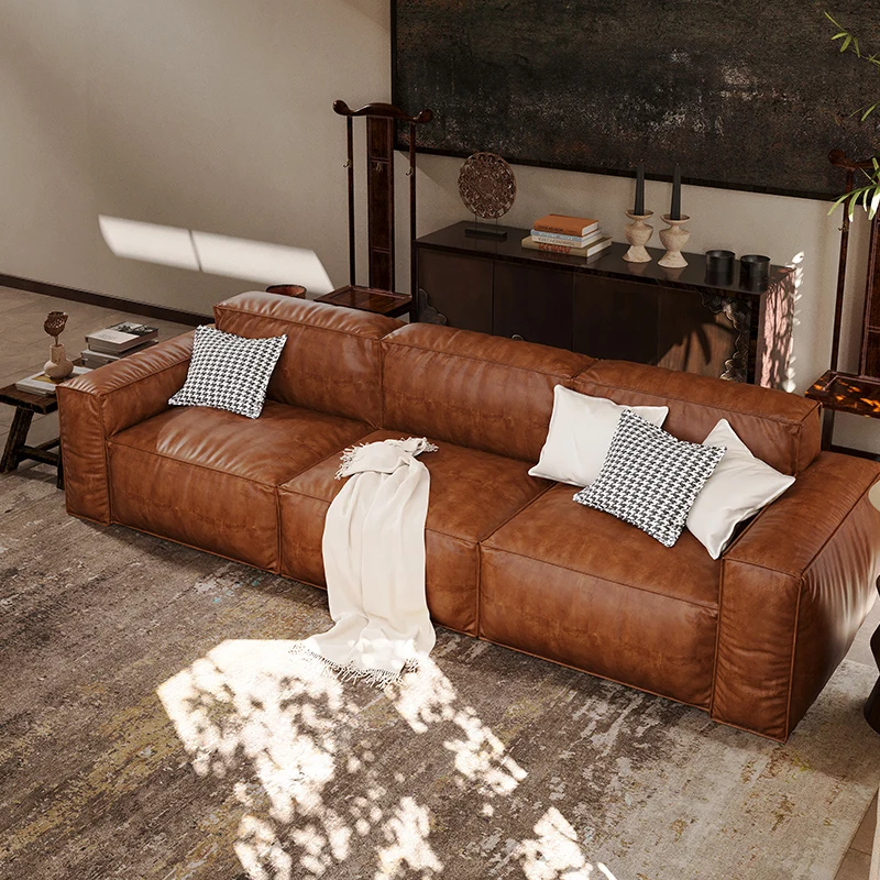 

Oulu American style leather two person sofa, small living room, simple, light luxury, high-end feeling, straight arranged retro