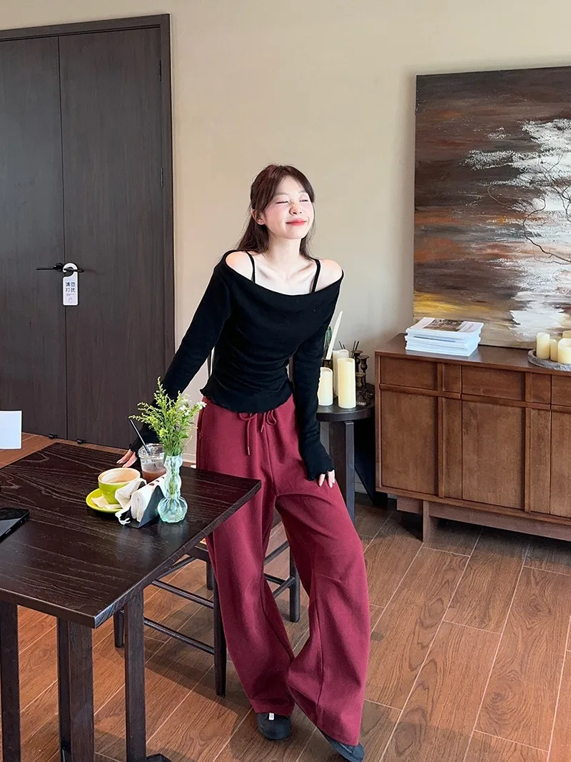 Fake Two-piece Off Shoulder Long Sleeve T-shirt Women's Sexy Slash Neck Flare Sleeve Base Shirt Top Autumn Casual Slim Fit Tops