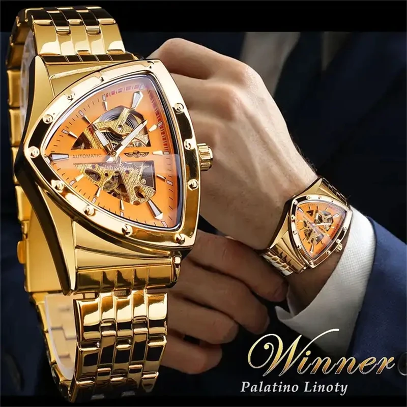 Winner 395S Nuovo orologio da polso meccanico da uomo in acciaio inossidabile dorato impermeabile sportivo da uomo con scheletro triangolare trasparente_voghion.com