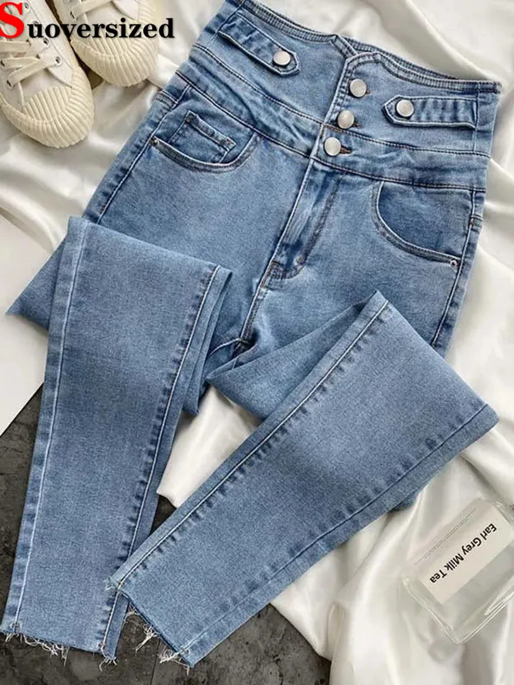 

Chic Design High Waist Pencil Jeans Women Skinny Stretch Vintage Denim Pants Korean Casual Streetwear Ankle Length Kot Pantolon