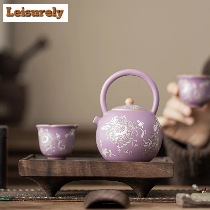 250ML Purple Ru Porcelain Gild Silver Peony Teapot Retro Tea Infuser Lifting Handle Pot Tea Maker Kettle With Strainer Teaset