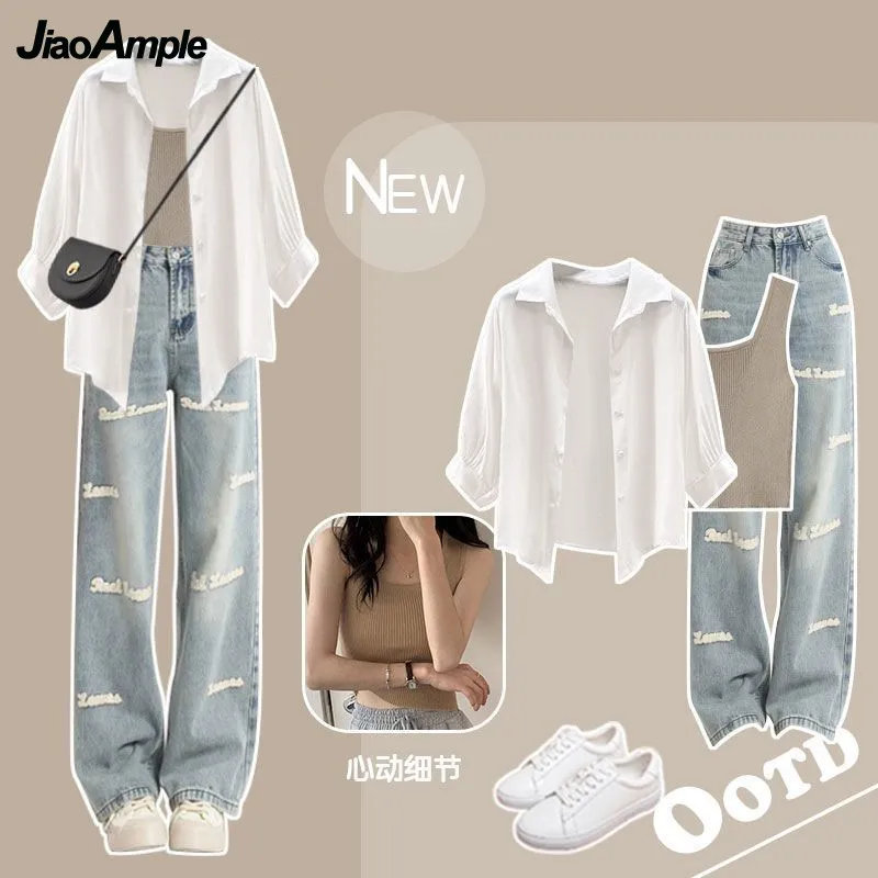 

Women's Summer Blouse Denim Pants Matching Set 2023 New Korean Elegant Sunscreen Shirt Top+Vest+Letter Jeans Three Piece Suit