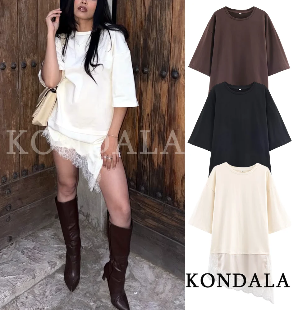 KONDALA Women Trendy Lace Hem T-Shirts O-Neck Loose T-Shirts 2026 Spring Summer Fashion Female High Street Versatile T-Shirts