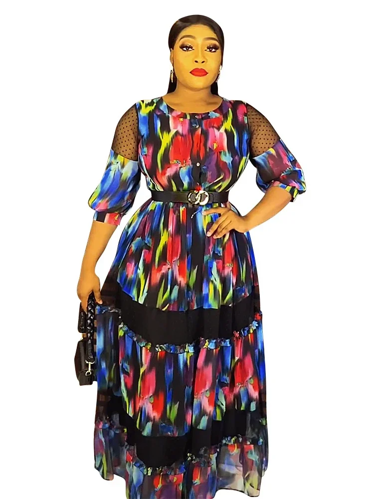 

African Print Chiffon Maxi Dresses Women 2023 Plus Size Evening Party Long Dress Elegant Kaftan Muslim Clothtng