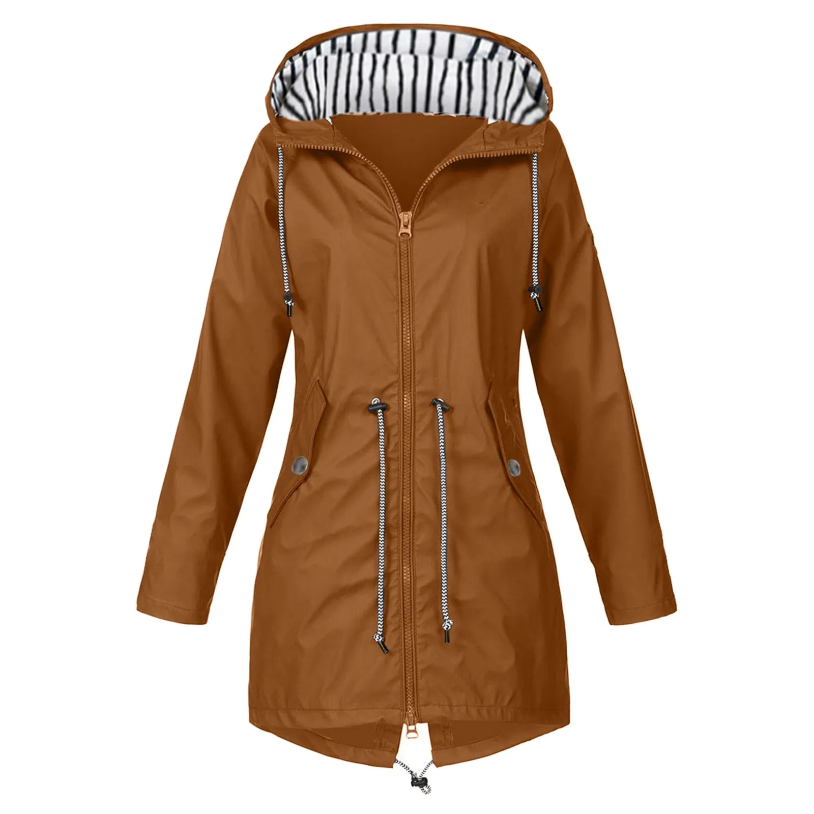 Womens Waterproof Raincoat Casual Fashion Basic Outdoors Trench Classic Zipper Long Windbreaker Outdoor Climbing Hooded Tops