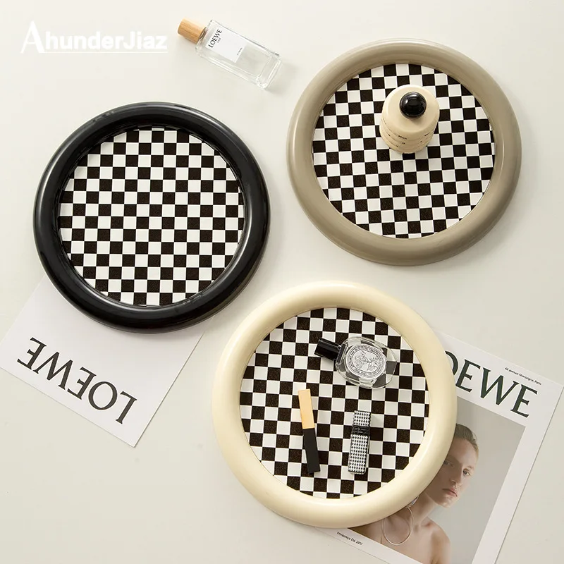 

Scandinavian Desktop Tray, Black and White Checkerboard Grid, Round Storage Tray, Cosmetics Sundries, Home Decoration