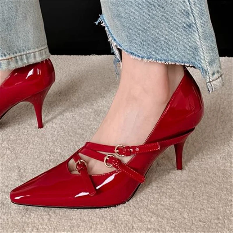 

Сандалии женские из лакированной кожи, заостренный носок, высокий каблук, пряжка, дизайнерская обувь, однотонные туфли-лодочки