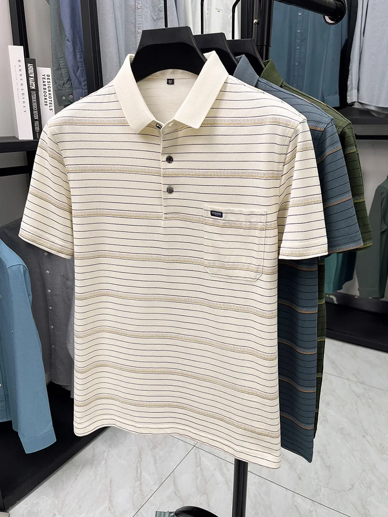 High quality stripe men short sleeve polo shirt light luxury pocket comfort breathable summer silky cotton casual lapel T-shirt 10 S972a71da9d944fc48d260cd735a00e64s
