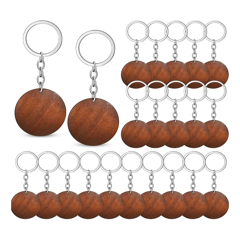 

50 Pack Wood Engraving Blanks Round Shaped Wooden Keychain Set Rings Key Tags Keychain Supplies Coffee Color For DIY Gift Crafts