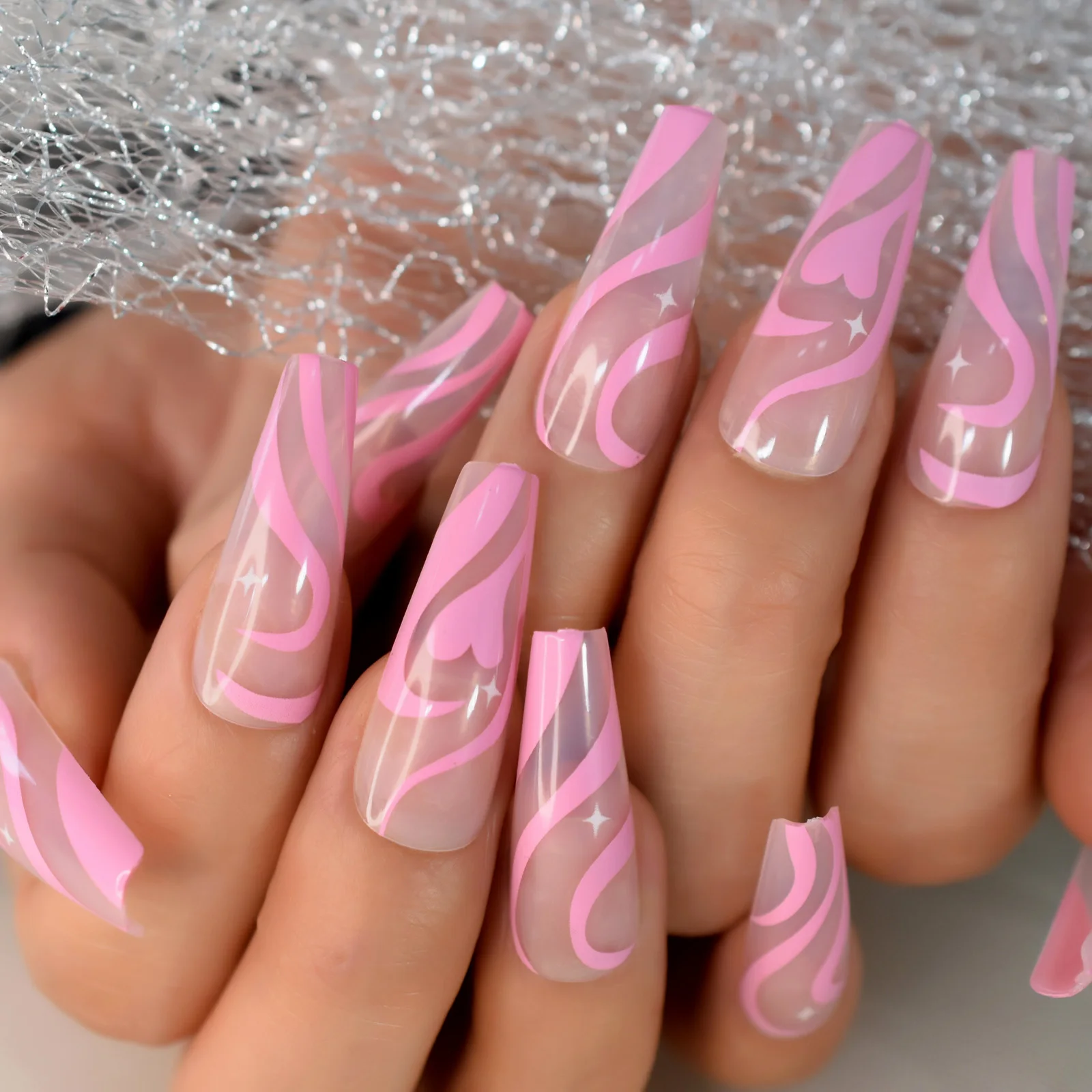 Long Coffin Pink Color Pattern Design Heart Lovely Nails Press On Fingernails  Manicure Art Wholesale Star Design 24 Pcs With Tab - AliExpress