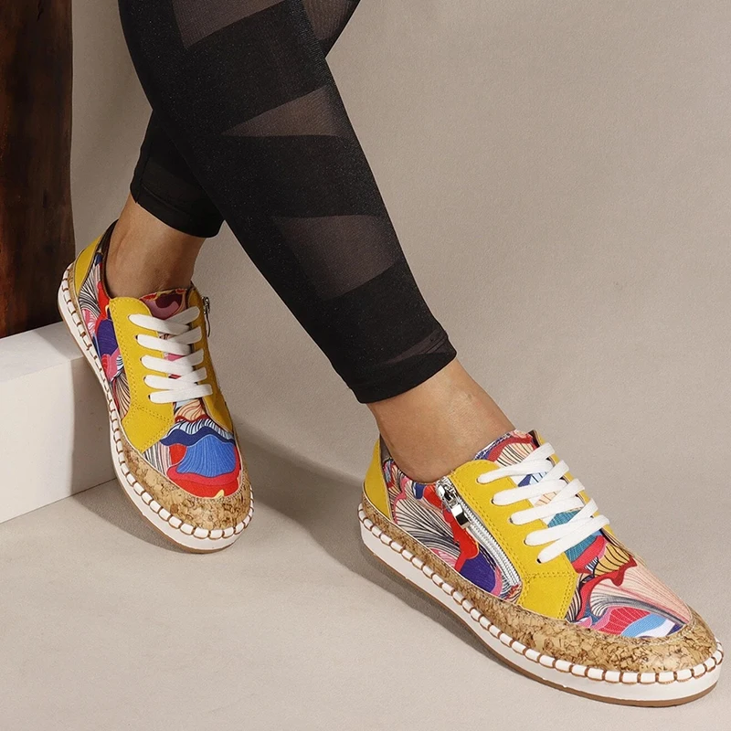 

Fashion Women 2023 Colorblock Lace-up Front Skate Shoes Spring Autumn Flat Sole Sewing Round Toe Non Slip Ladies Female Shoes