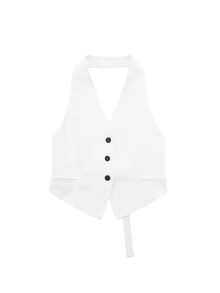 Fur Vest Women Vest TRZA Women Fashion Backless Halter Neck Waistcoat Sexy Sleeveless Button-up Female Outerwear Chic Vest Tops