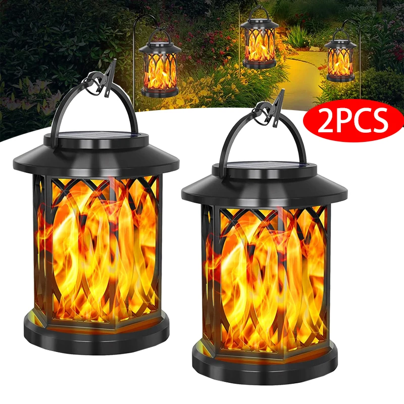 2X Solar Flame Hanging Lamp Outdoor Solar Light Garden Waterproof Flame Flickering Effect Christmas Garden Patio Yard Path Light