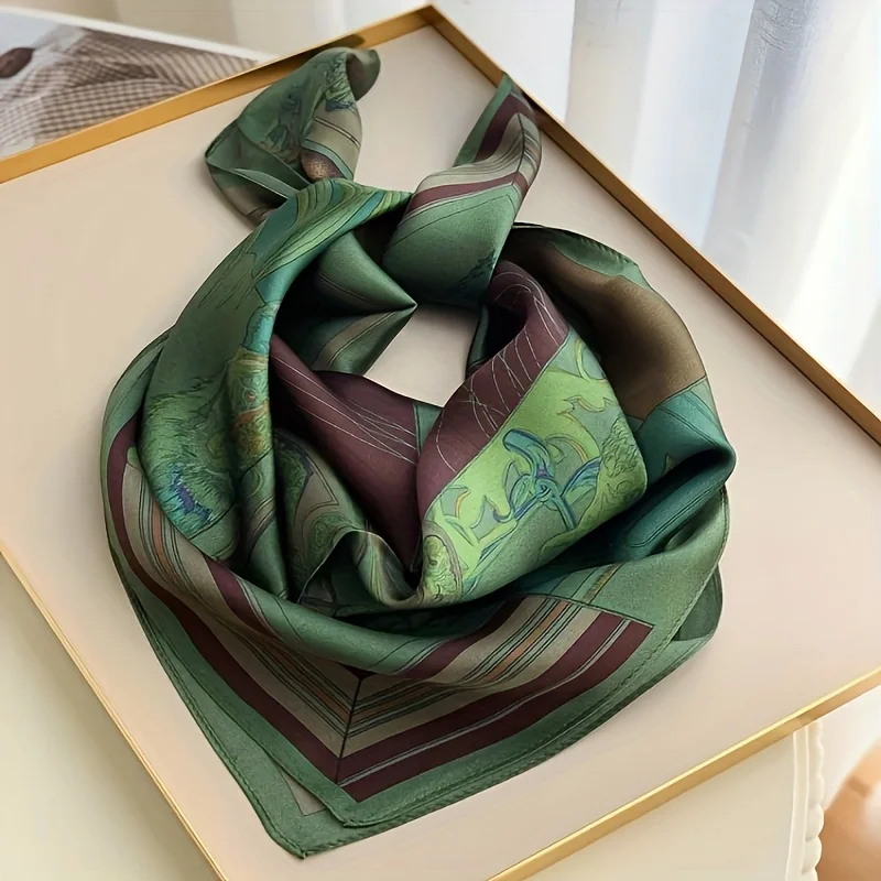 2025 New Green Print Square Scarf Simulated Silk Thin Satin Neck Scarf Elegant Ladies Professional Decorative Small Scarf 3