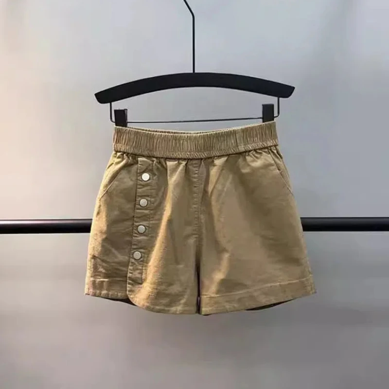 Korean Elasticized Summer Women's 2024 New Patchwork Button Pocket Fashion Solid Color Loose All-match Casual Sports Shorts