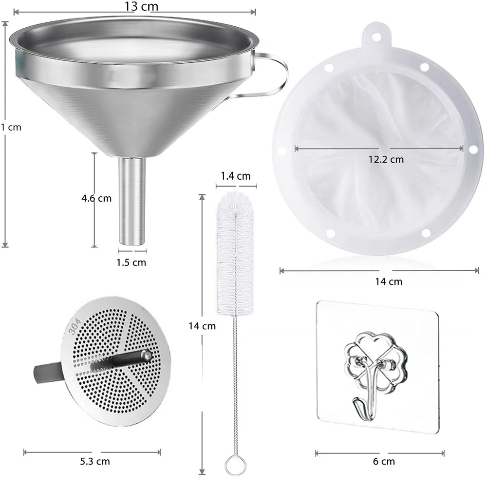 Entonnoir En Inox 304 Avec Passoire Amovible 200 Mailles - Avec Brosse De Nettoyage - Pour Cuisine, Filtration Thé, Huile, Liquides