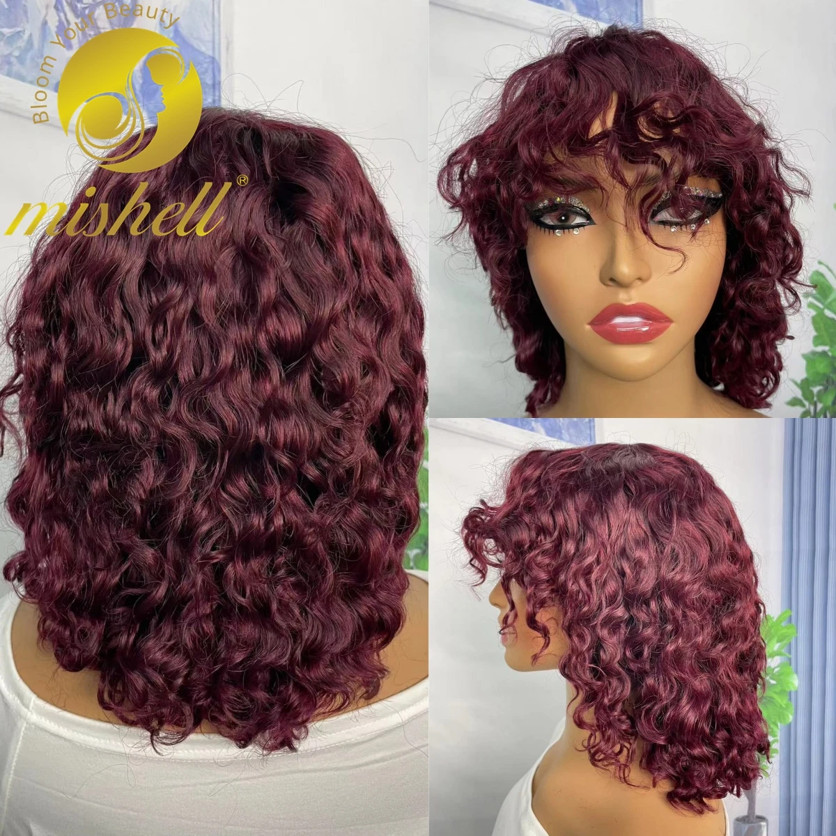 

99J Burgundy Full Machine Made Water Wave Wig with Bangs 200% Density Short Jerry Curly Human Hair Bob Wigs 12inch for Women