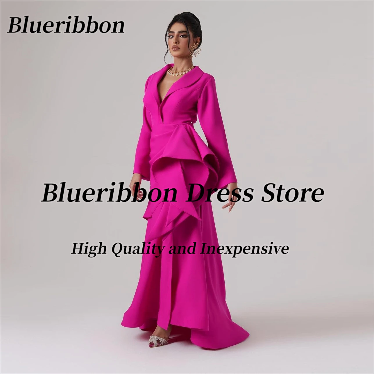 

Blueribbon Robes De Soirée Long Sleeves Prom Dress Lapel V Neck Ruffles Side Slit Birthday Party Evening Dresses for Women