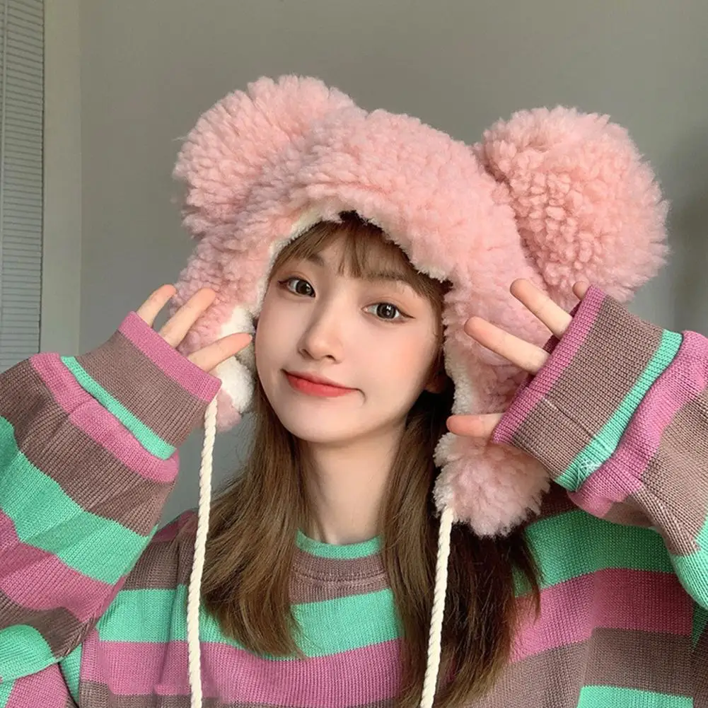 Women Winter Hat Unisex Cartoon Thicken Bear Head Shape Windproof Cap Photo Props Bear Ears Women Men Beanie Women Headwear 3