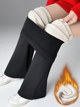 1 paio di pantaloni da donna a zampa d'elefante foderati in lana nera - pantaloni spessi invernali con fodera in peluche, pantaloni attillati caldi con fodera in peluche