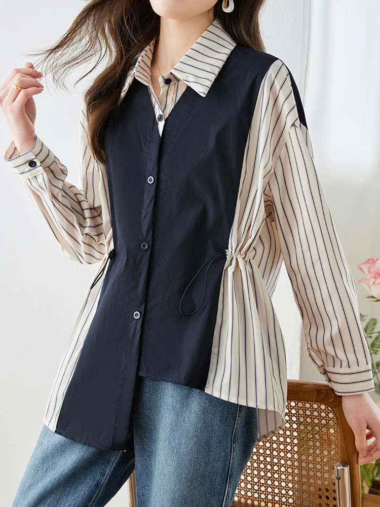 QOERLIN Women Slim-Waist Button Down Shirts Patchwork Striped Dress Shirt Long Sleeve Turn-Down Collar Office Work Blouses Tops
