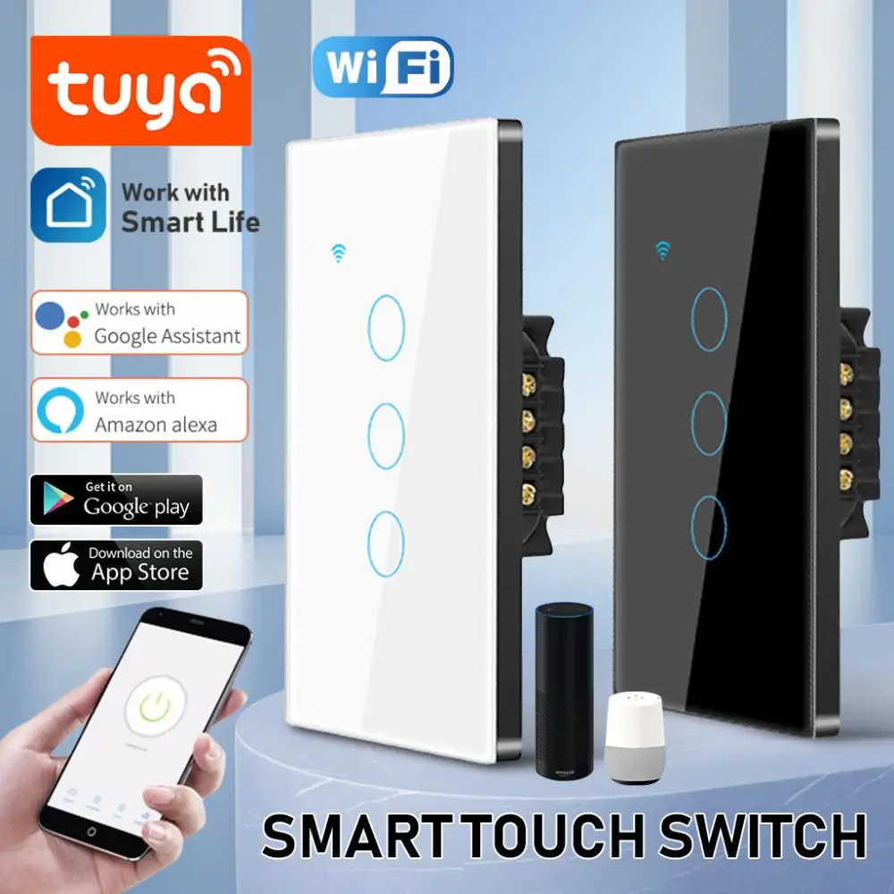 1/2/3/4 Gang Tuya Wifi Smart Touch Switch Us Home Light Wall Button Necessita Di Filo Neutro Funziona Con Alexa E Google Home Assistant