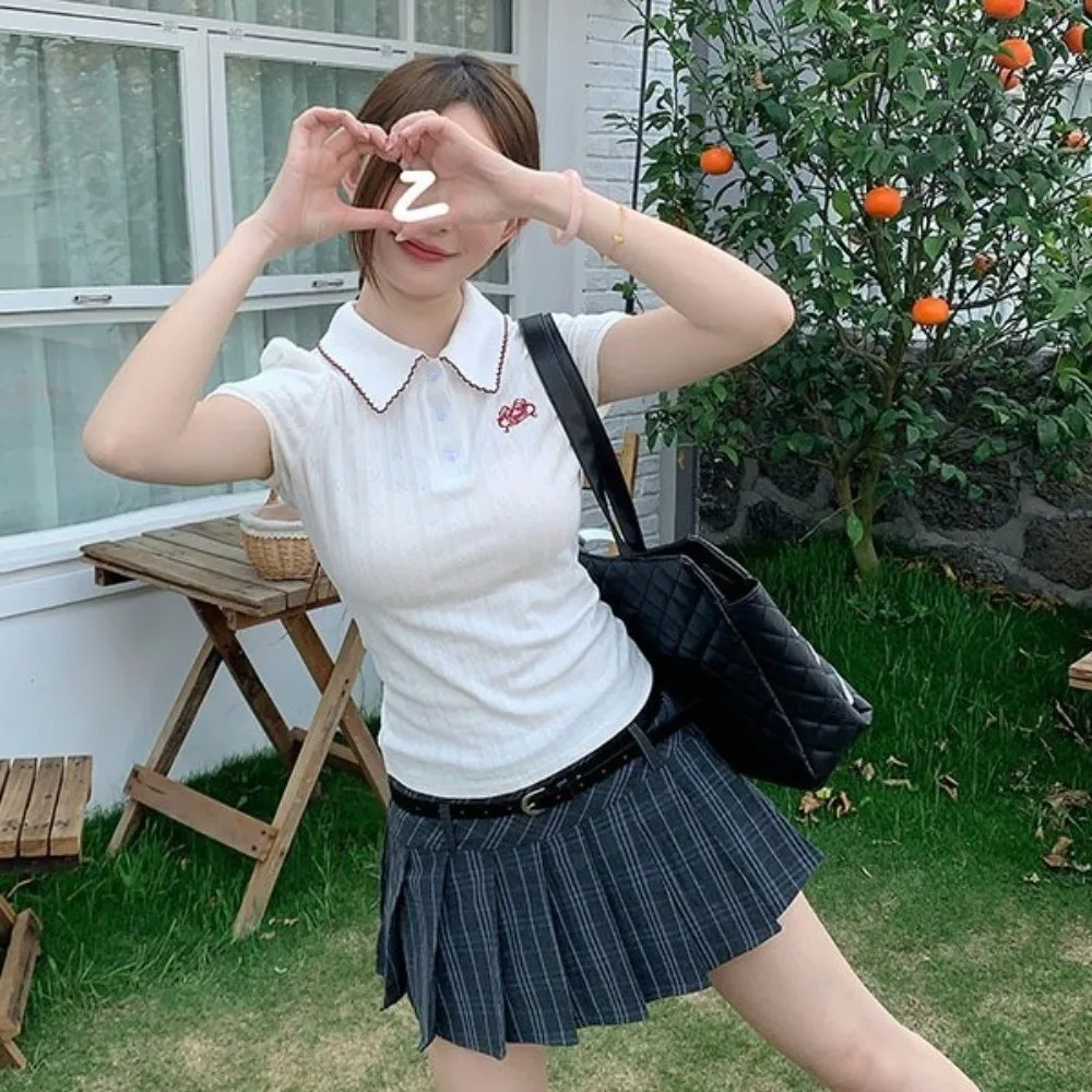 Ins Fashion Embroidery Korean T-Shirt Short Streetwear Knitwear Tops Tanks V Neck Y2K Crop Top Summer Spring