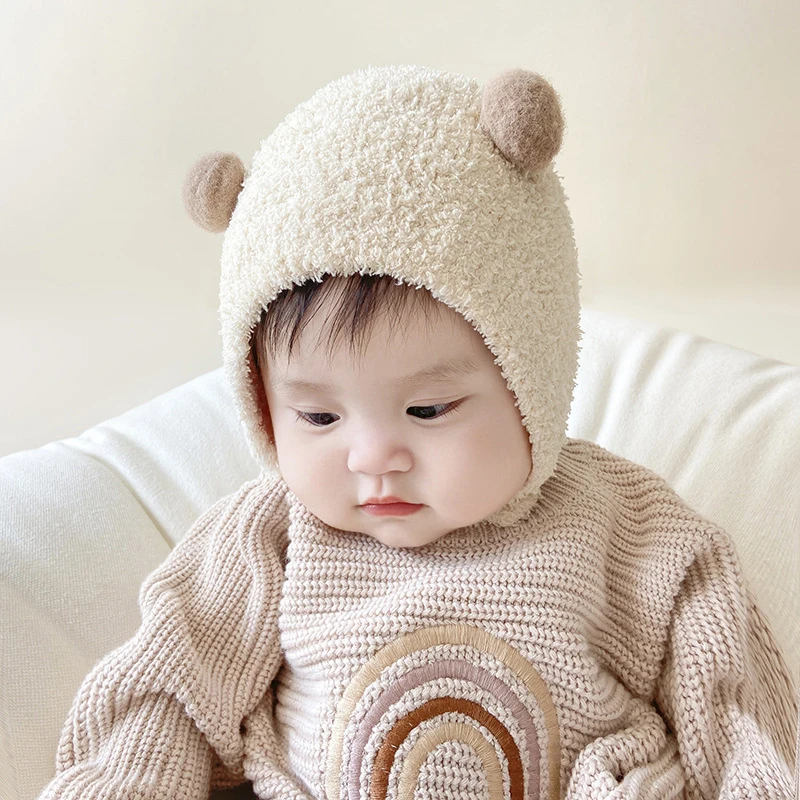 Korean Cute Pompom Baby Hat Winter Warm Baby Boys Girls Hat Bonnet Soft Ear Protection Infant Toddler Plush Cap Beanies 3