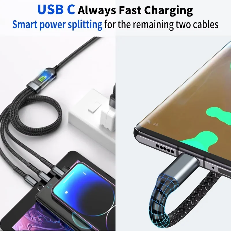 3 in 1 100W 고속 충전 케이블 멀티 USB 타입 C 마이크로 IP 포트 투명 6A 데이터 충전 와이어 아이폰 삼성 화웨이용