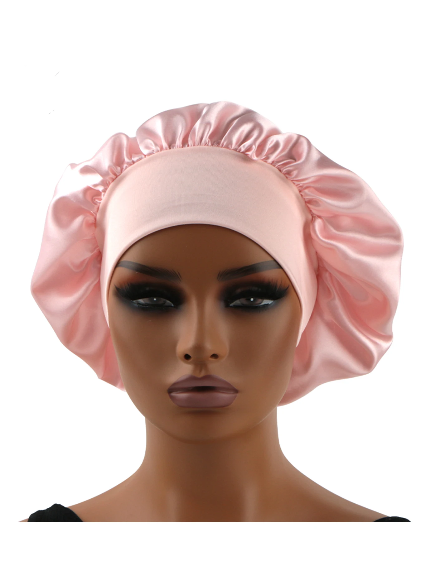 Normal adult sized Head Wrap Elastic Band Bonnet sleep cap Satin Silky Bonnet Sleep Black Pink color choice 6