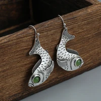 Fish Animal Green Stone Drop Silver Color Earrings 3