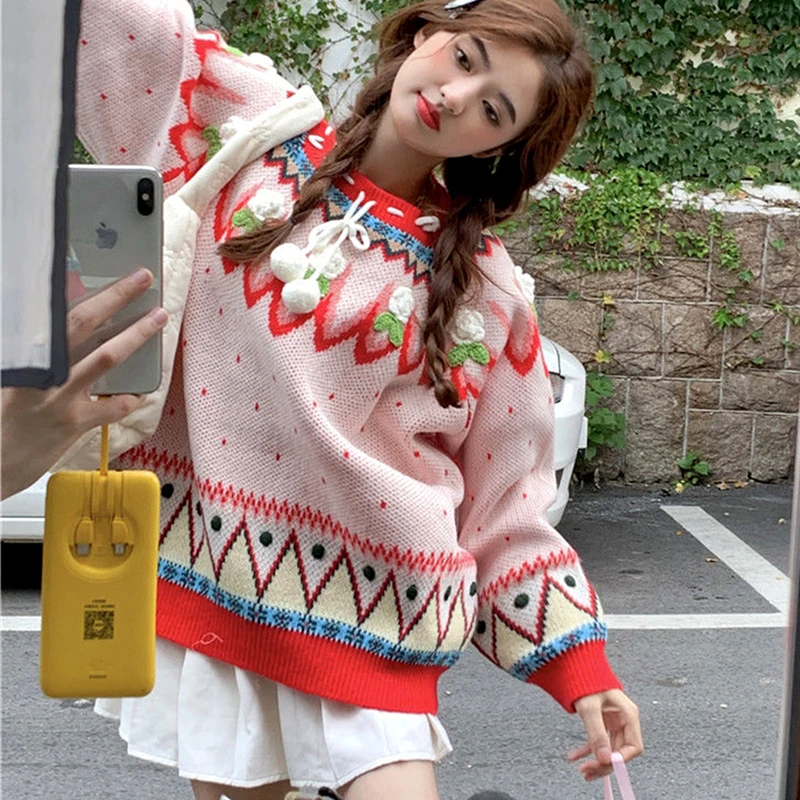 

Harajuku Brand Vintage Jacquard Cute Sweaters Thicken Winter Y2k Clothes Women Girls Loose Casual O-neck Pullover Korean Fashion