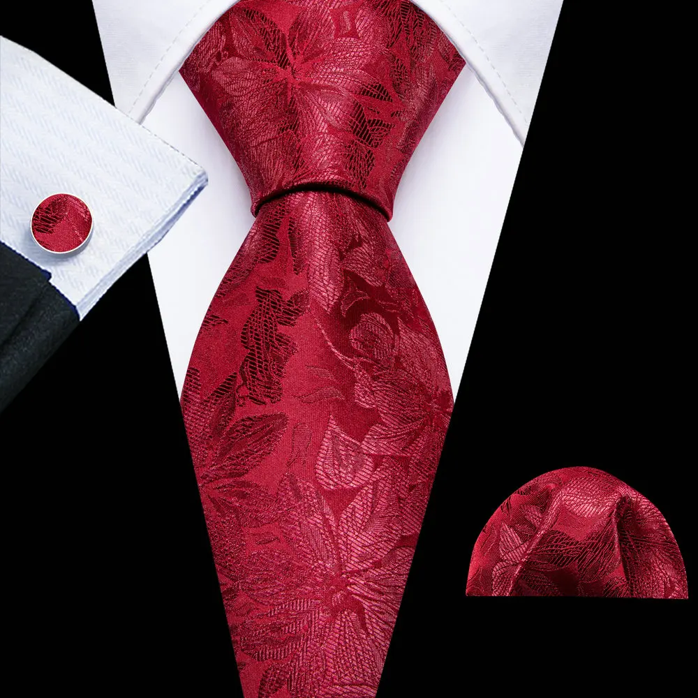

Burgundy Red Tie Men Silk Woven Handkerchief Cufflinks Set Exquisite Male Suit Neckties Groom Wedding Party Barry.Wang Designer