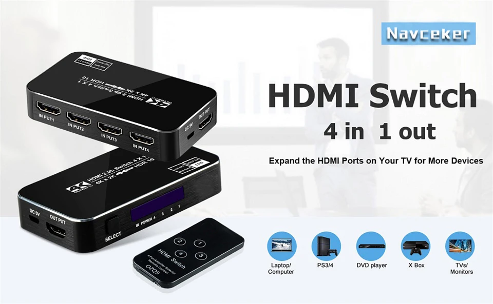 4K HDTV Splitter 4 In 1 Out 4 Port HD Switcher Selector HD Cable Supports Full H