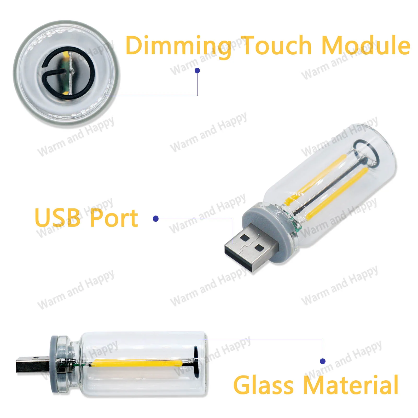 에디슨 레트로 USB 터치 디밍 야간 조명, LED 앰플 백열 전구, 가정용 비드 광원, 0.3W DC5V, 8 개