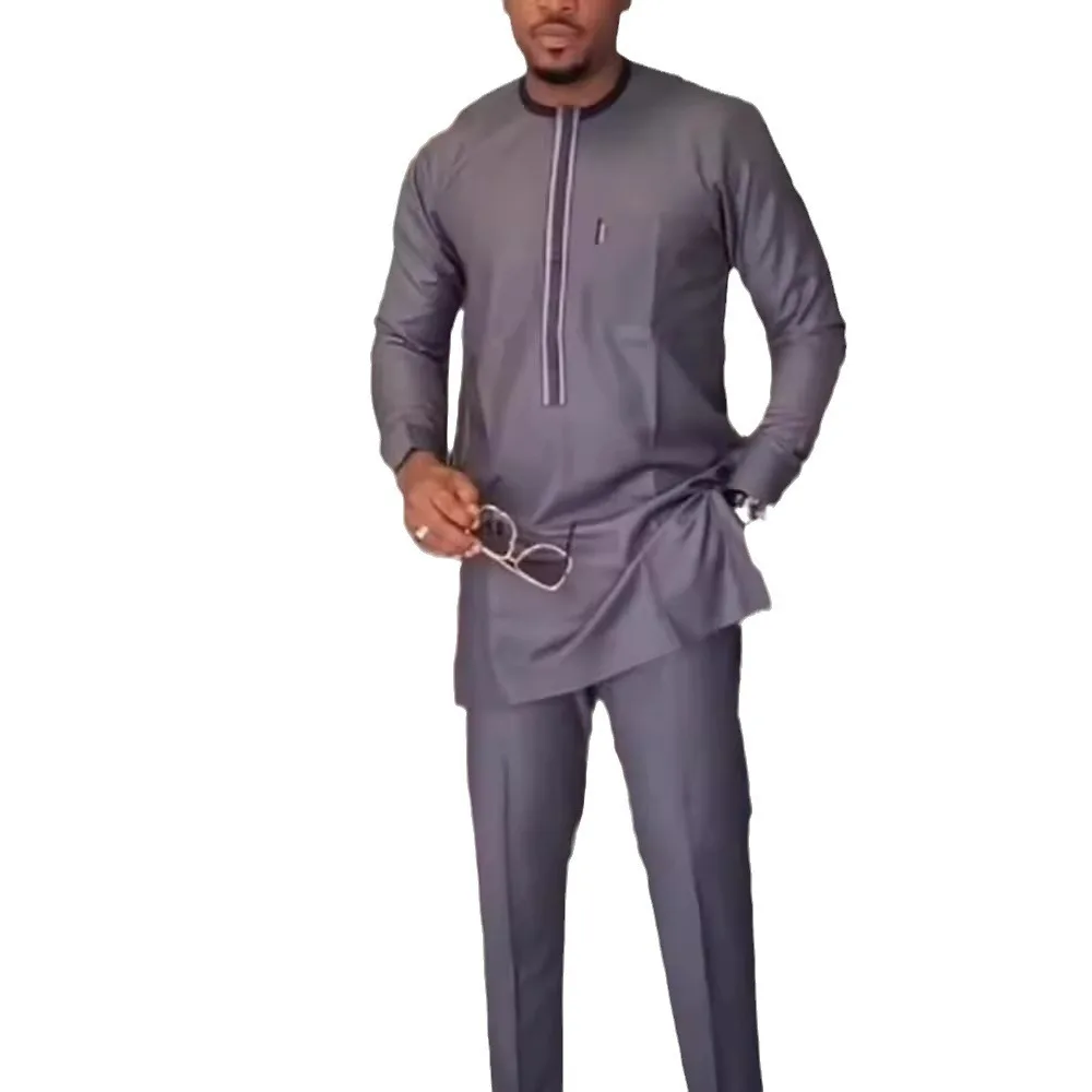 Men's fashion casual grey print two-piece suit