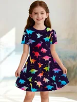 Robe de princesse pour filles avec imprimé dinosaure mignon, robe décontractée d'été pour filles, tenue graphique de dessin animé, cadeaux d'anniversaire, vêtements pour enfants 2