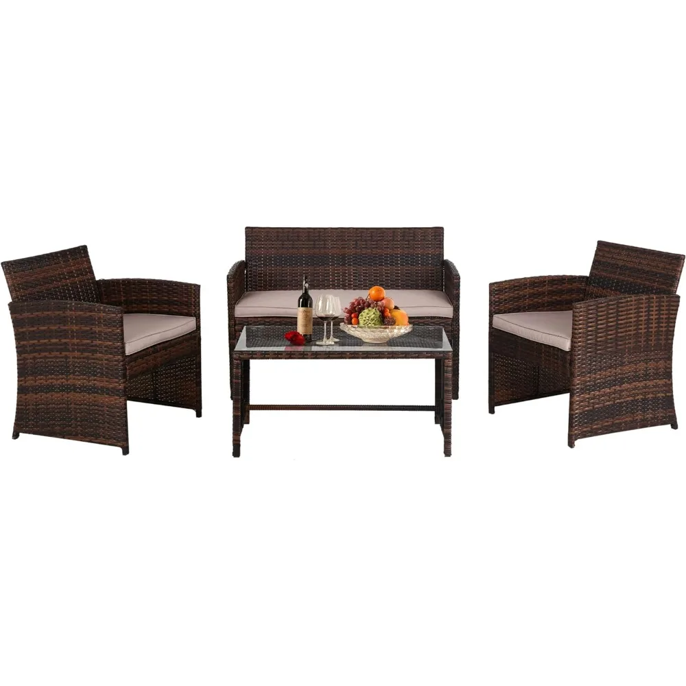 

Outdoor Patio Sets,4 Pieces Wicker Conversation Set,Poolside Lawn Chairs Porch Poolside Balcony Outdoor Furniture,Beige Cushion
