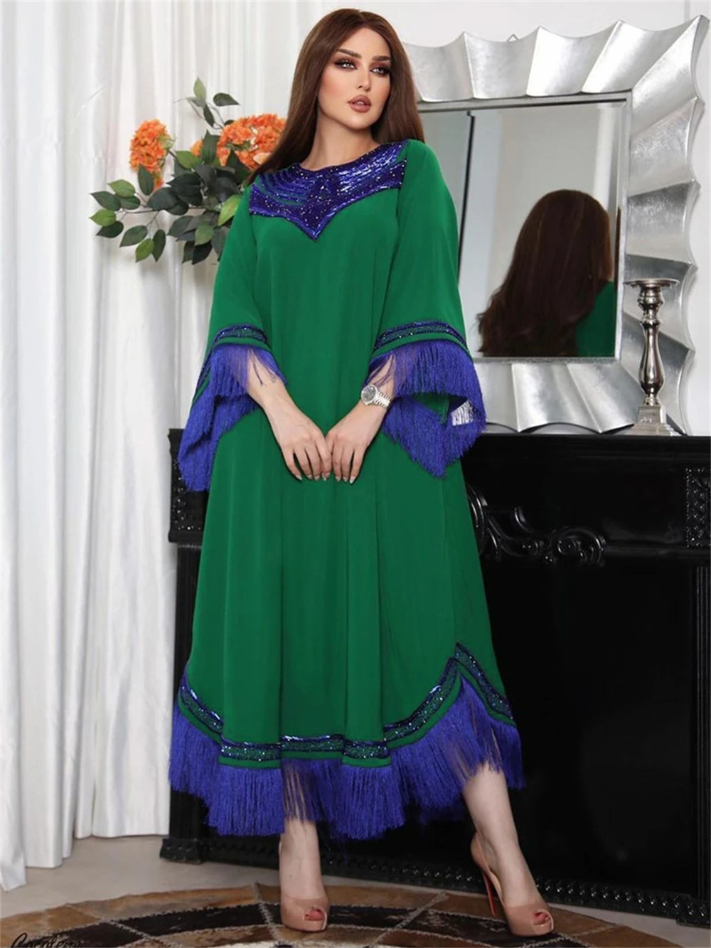 

BubbleKiss Women Dress Spring Sequin Splicing Tassel V-Neck Caftan Muslim Dress Lady Robe Party Ramadan Femme Long Dress