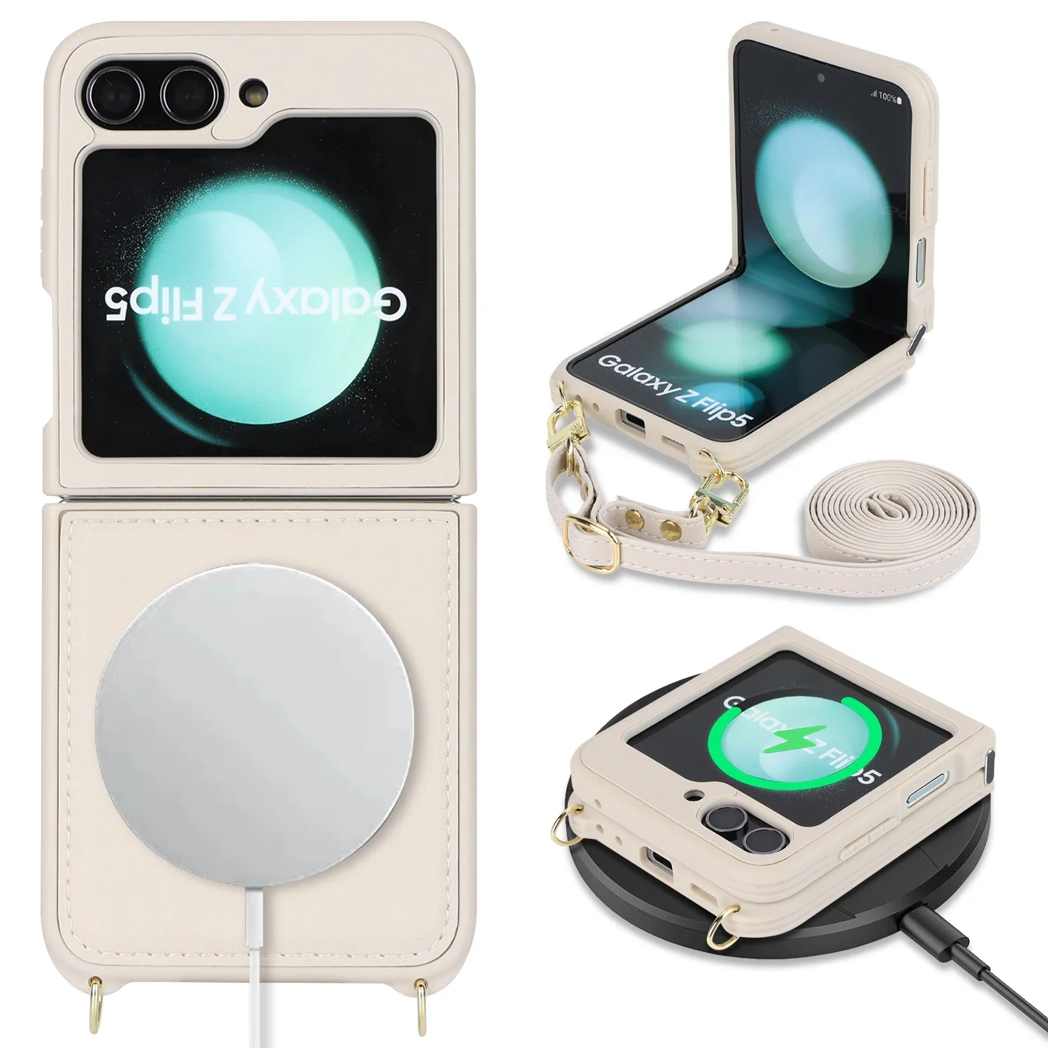 

For Samsung Galaxy Z Flip 5 Case Luxury Matte Magsafe PU Leather Crossbody Lanyard Magnetic Wireless Charging Shockproof Cover