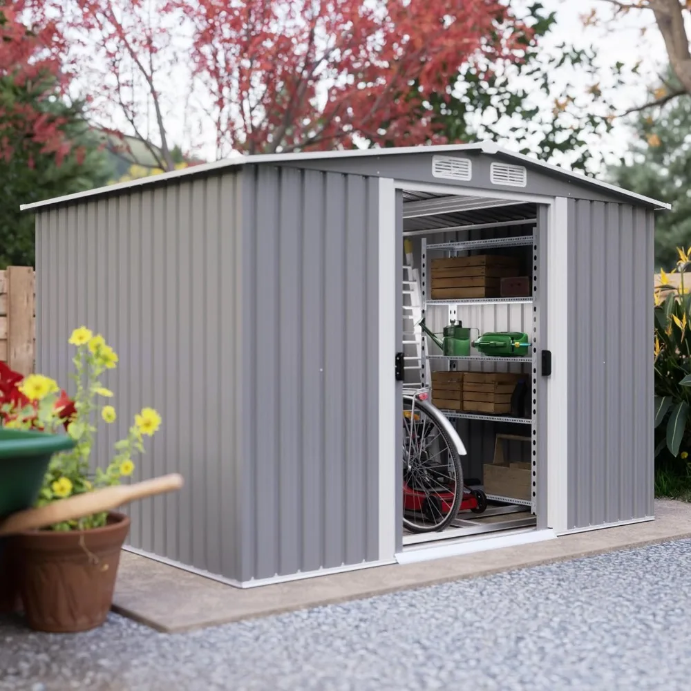 6Ft x 8Ft Outdoor Metal Storage Shed, Anti-Corrosion Utility Garden Shed Tool House with Lockable Double Doors & Vents