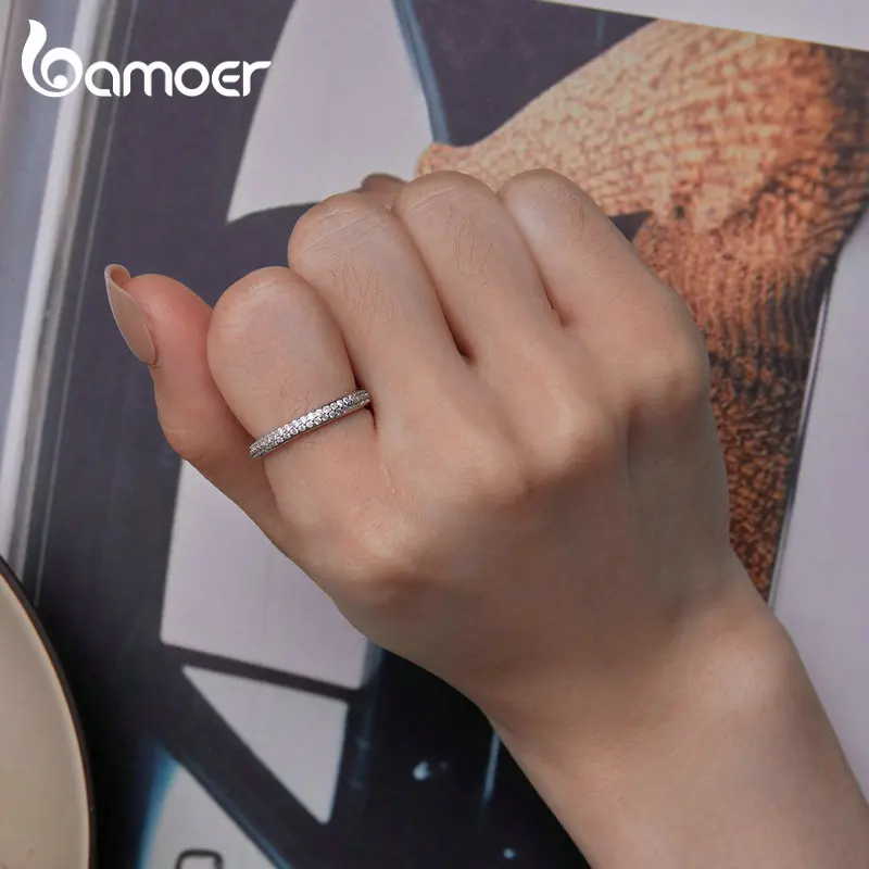 Bamoer- 반짝이 지르콘 손가락 반지, 여성을 위한 간단한 영원한 밴드 발렌타인 데이 선물 고급 주얼리 BSR365