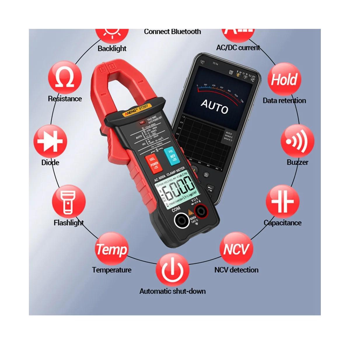 ANENG ST207 Big Screen Digital Clamp Meters Bluetooth Smart AC DC Voltage Tester Burn-Proof Professional Multimeter