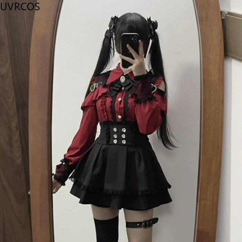 2024 Japanese Black Short Skirt Set Gothic Ruffle Mini Skirts Sexy Lace Off Shoulder Lolita Shirt Gown Faldas Y2k Aesthetic Suit 3