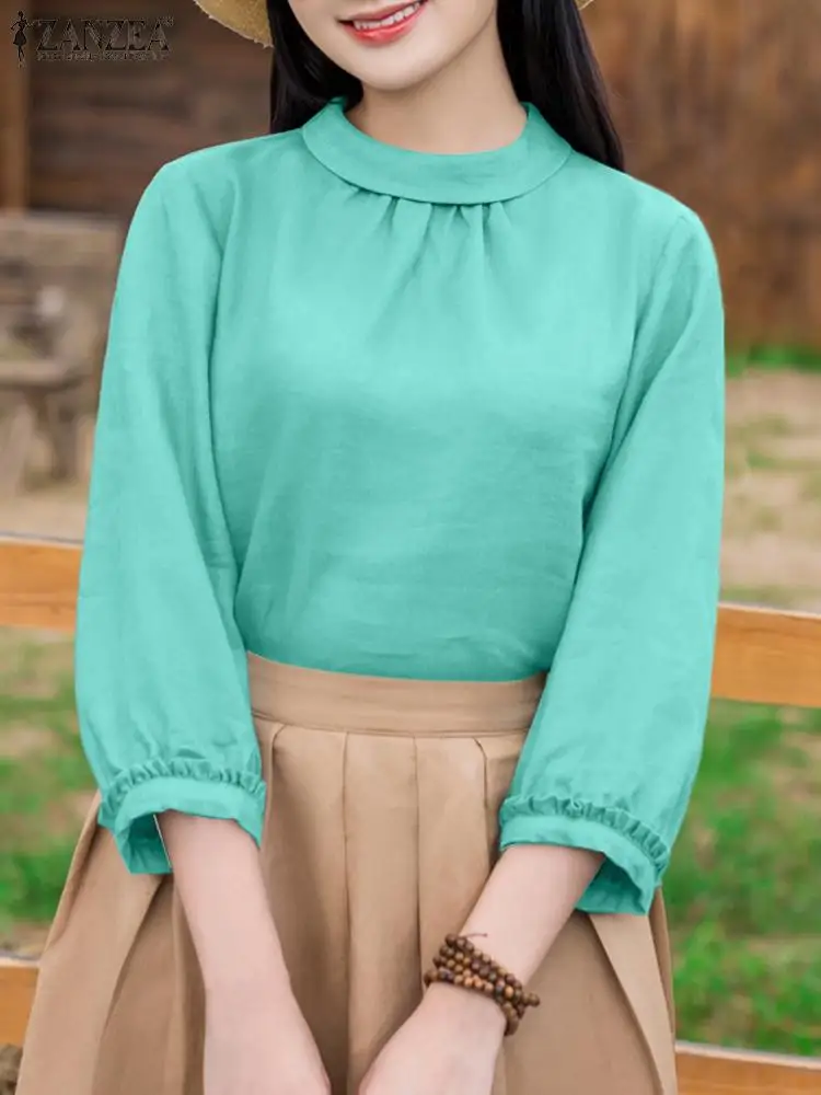 

ZANZEA Casual Loose Solid Shirt Women 3/4 Sleeve Blouse Vintage Pleating Lapel neck Blusas 2024 Summer Ruffled Cuff Tunics Tops
